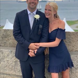 Reformation navy off the shoulder mini dress